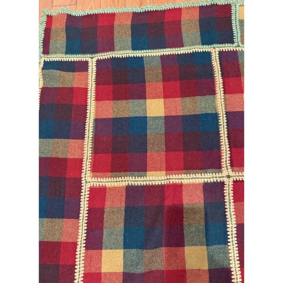 Vintage Wool Plaid Crocheted Block Lap Blanket Handmade Unique - Picture 5 of 8